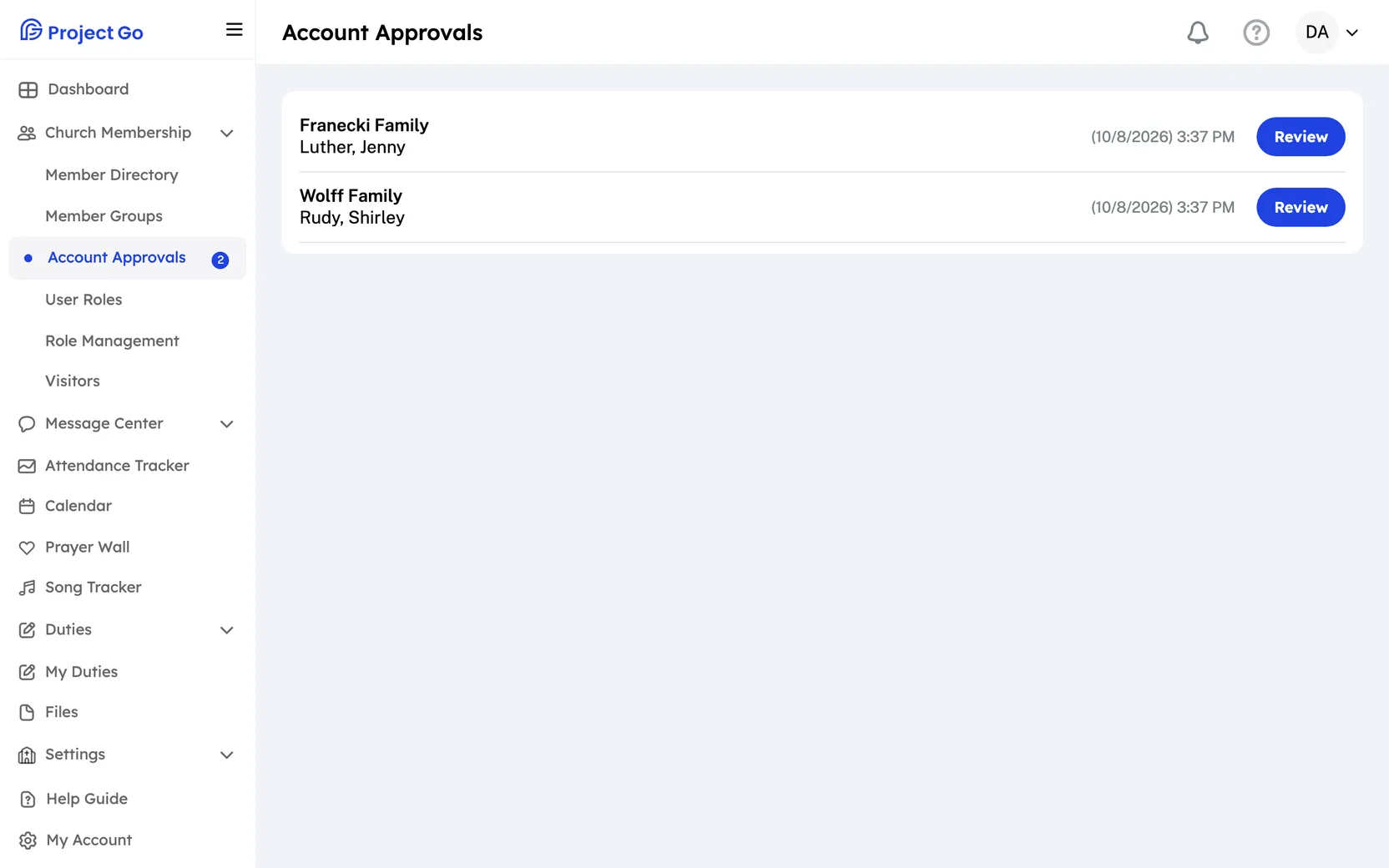 Account Approvals with two family requests. Each has a Review button.