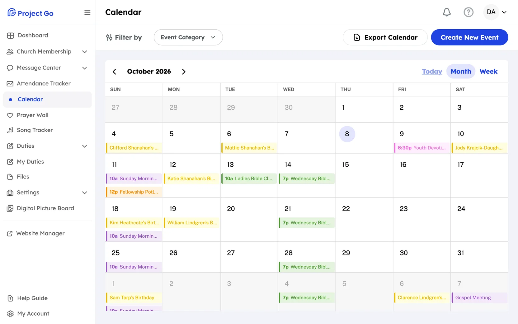 The Calendar in Month view for October 2026, with the Export Calendar and Create New Event buttons.