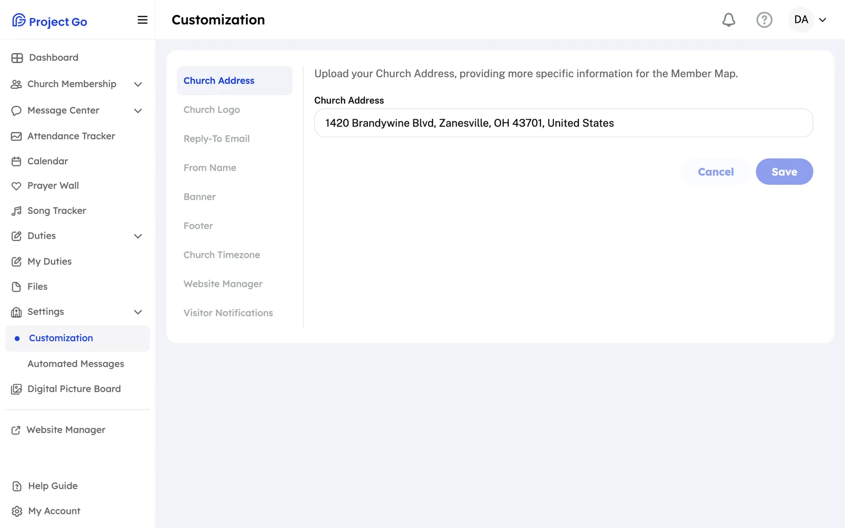 Customization with the list of sections on the left and the Church Address section open.