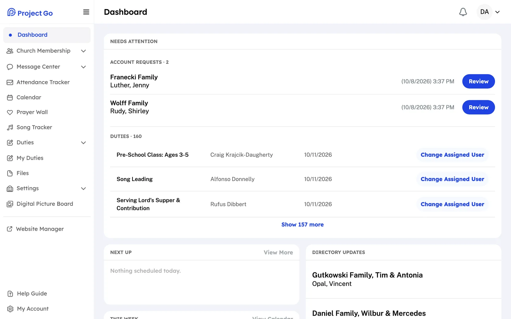 The Dashboard with the Needs Attention card, which lists account requests and duties, and the Next Up and Directory Updates cards.