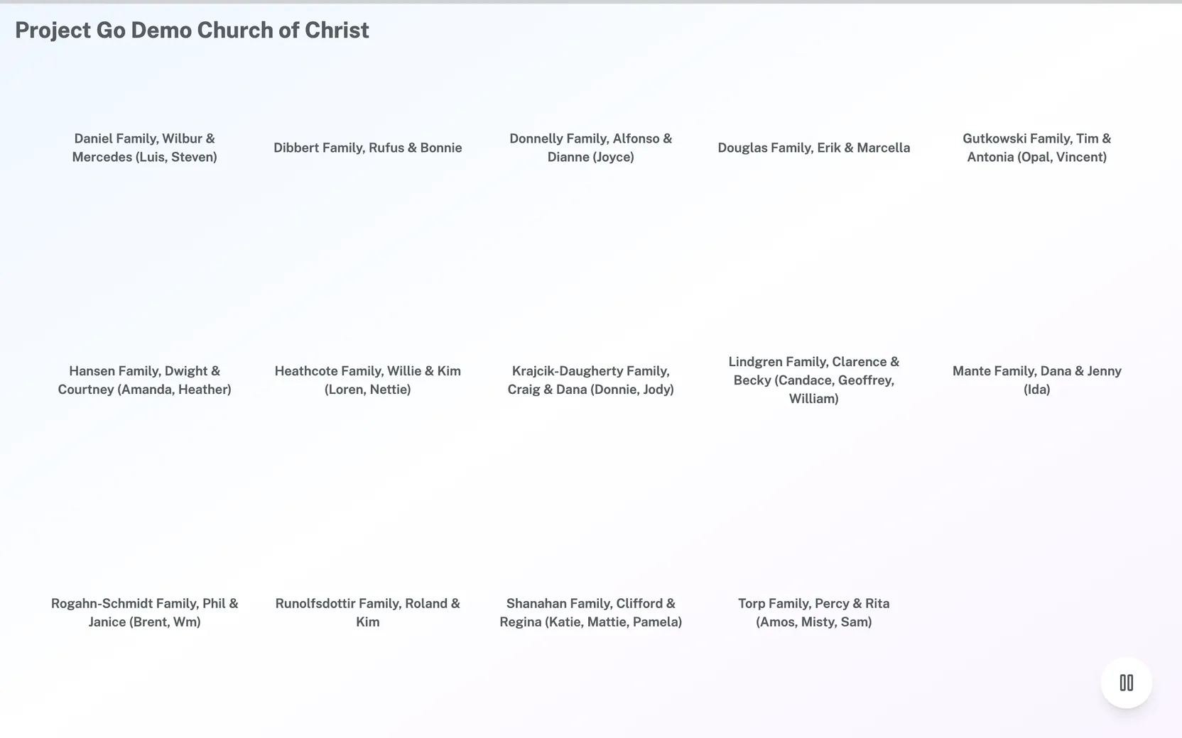 The Digital Picture Board with the church name and the family names. The sample families have no pictures.
