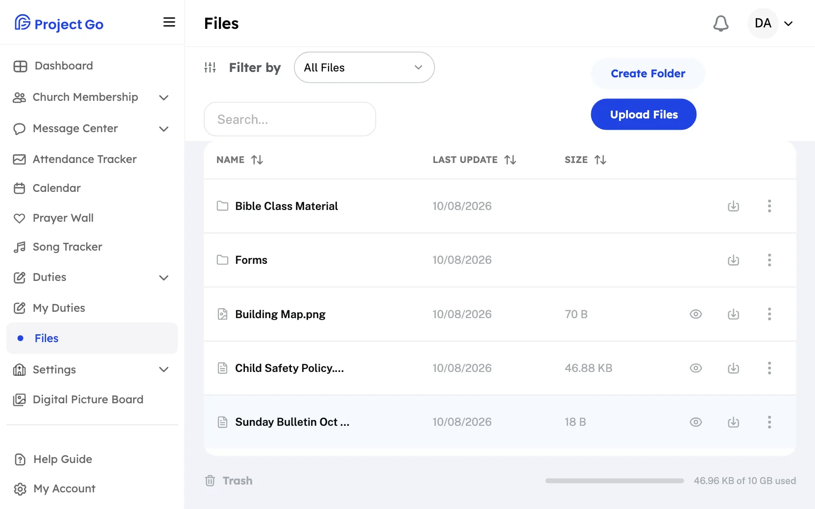 Files with two folders and three files, the Create Folder and Upload Files buttons, and the Trash link and storage bar at the bottom.