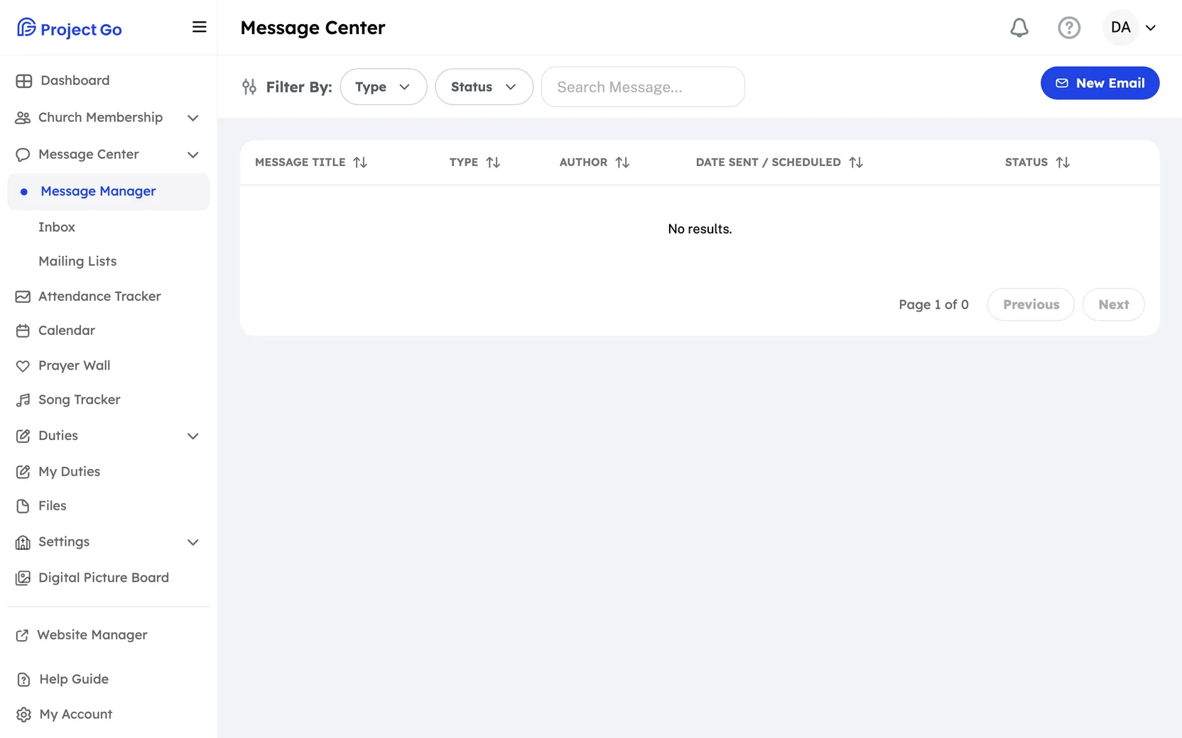 The Message Manager with the Type and Status filters, the search box, an empty message list, and the New Email button.