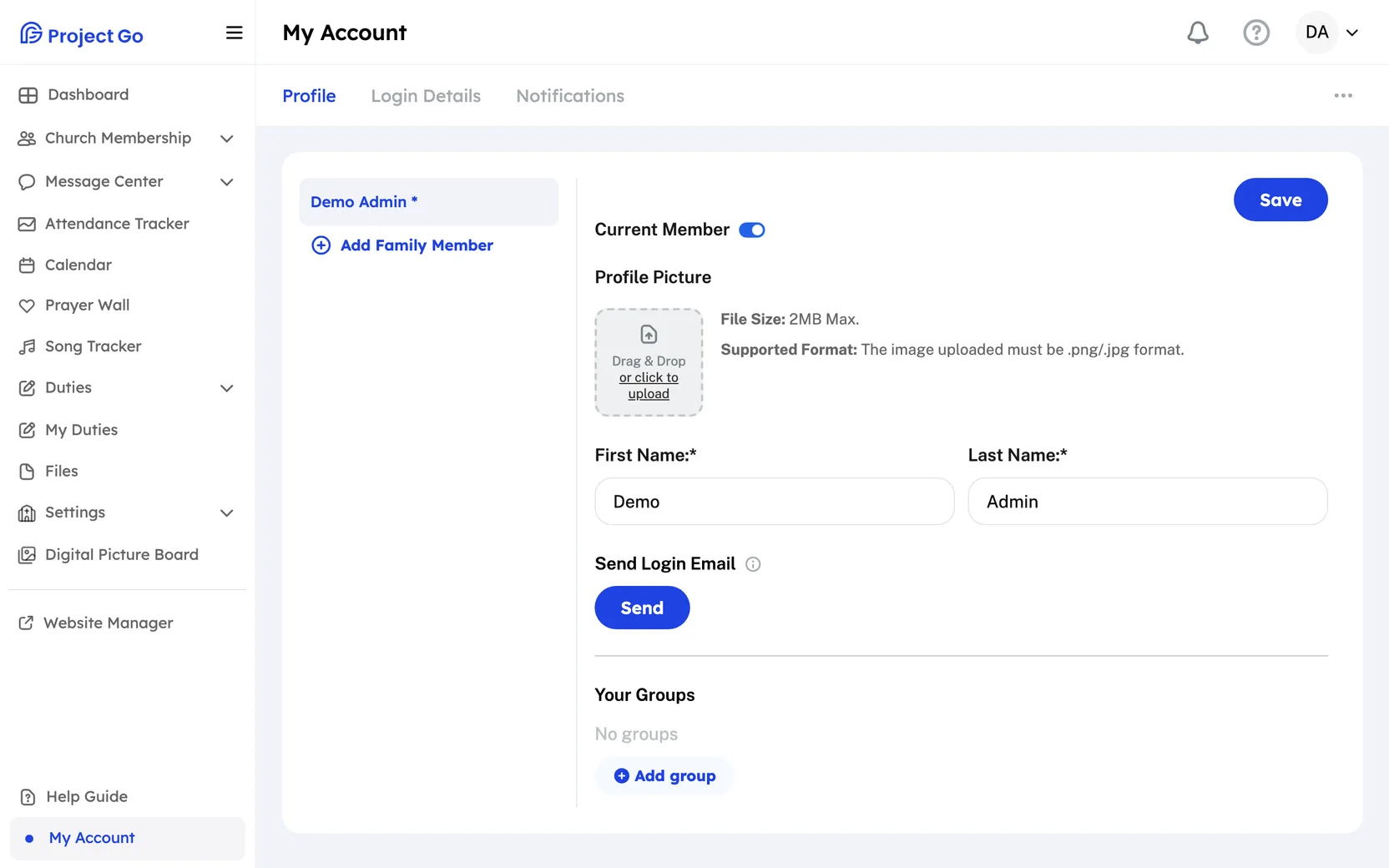 My Account on the Profile tab, with the Profile Picture box, the name fields, Send Login Email, and Your Groups.