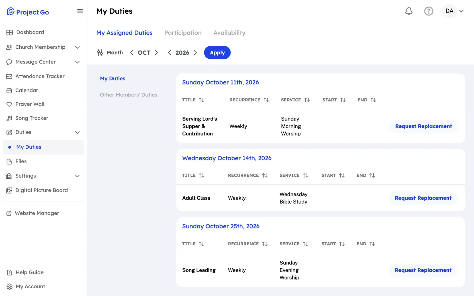My Duties on the My Assigned Duties tab, with duties grouped by date. Each has a Request Replacement button.