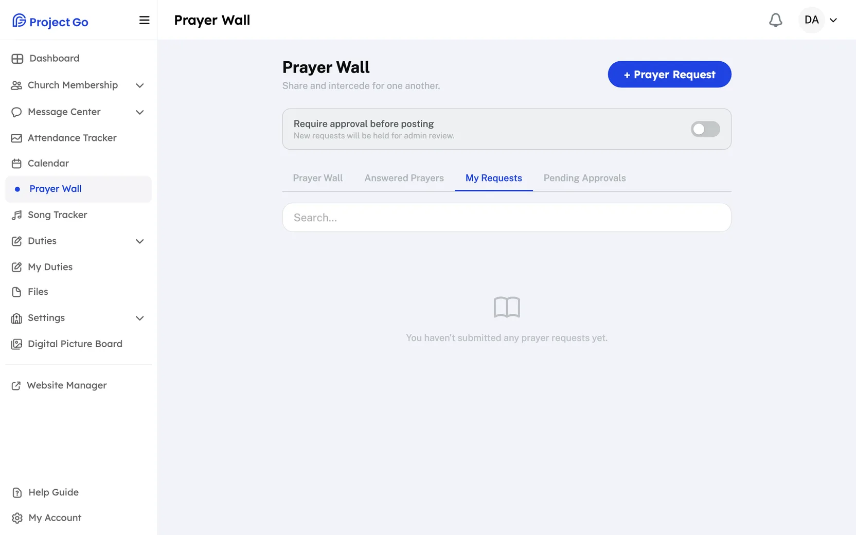 The Prayer Wall on the My Requests tab, with the + Prayer Request button and the Require approval before posting switch.