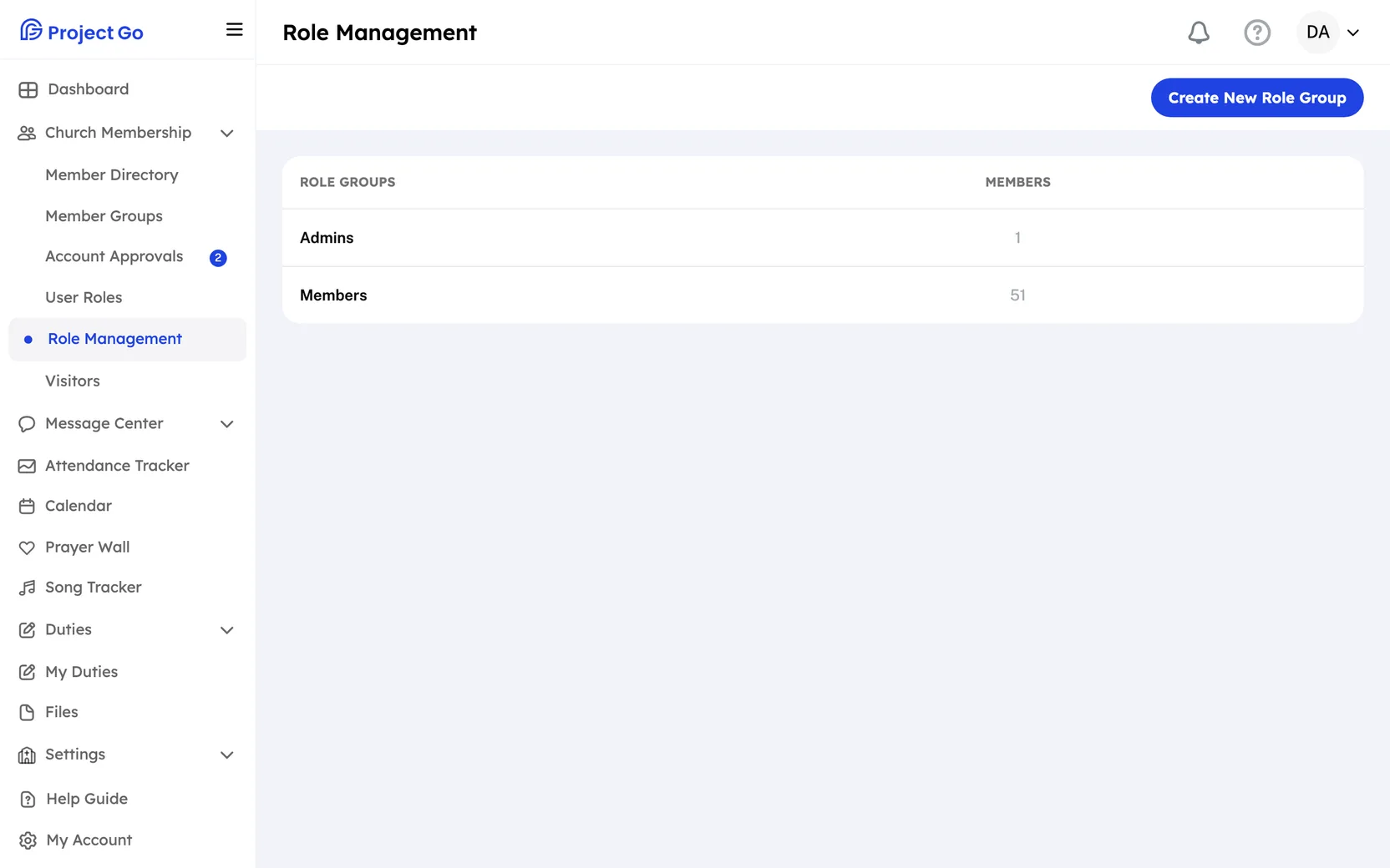 Role Management with the Admins and Members role groups and the Create New Role Group button.