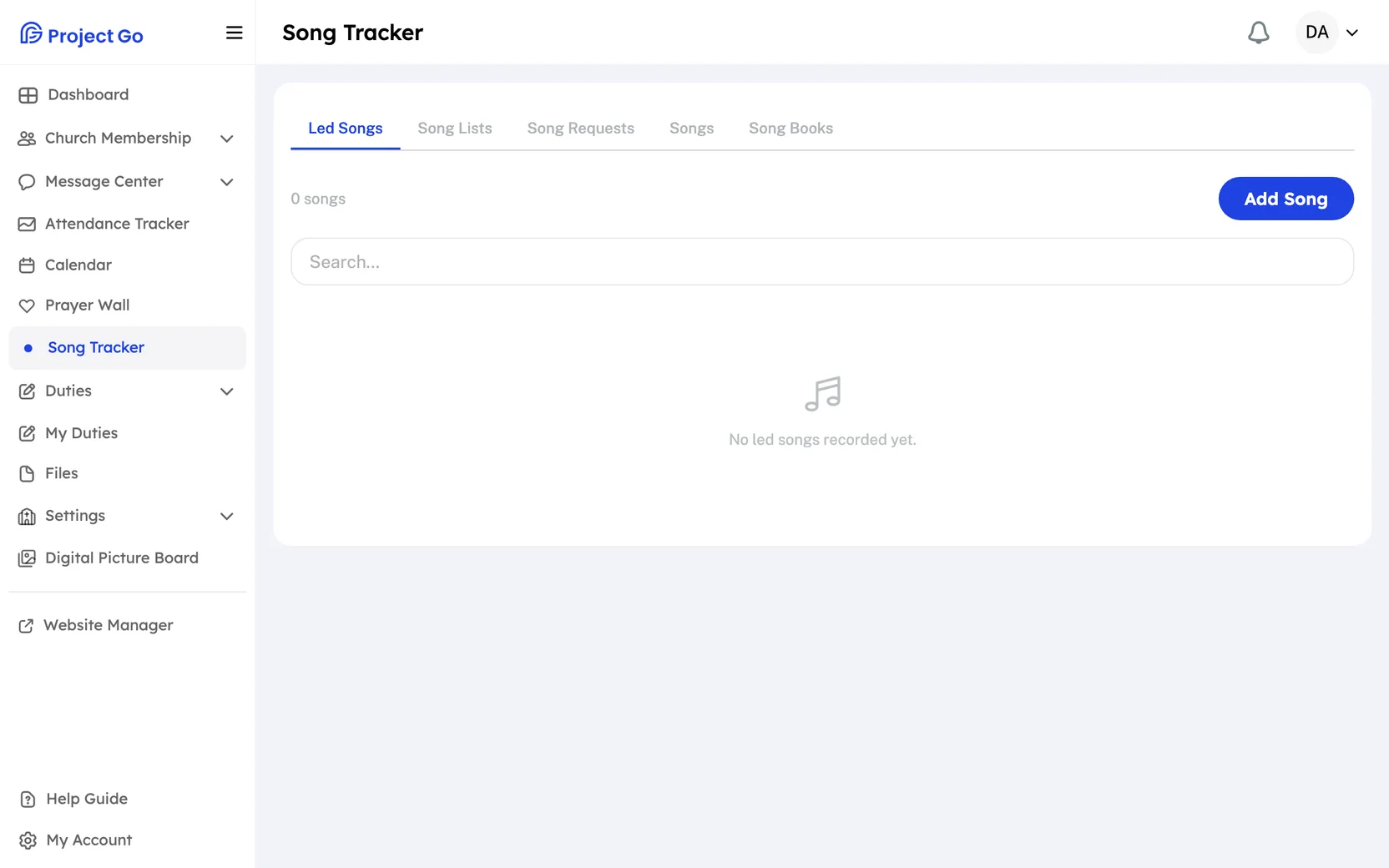 The Song Tracker on the Led Songs tab, with the Song Lists, Song Requests, Songs and Song Books tabs.