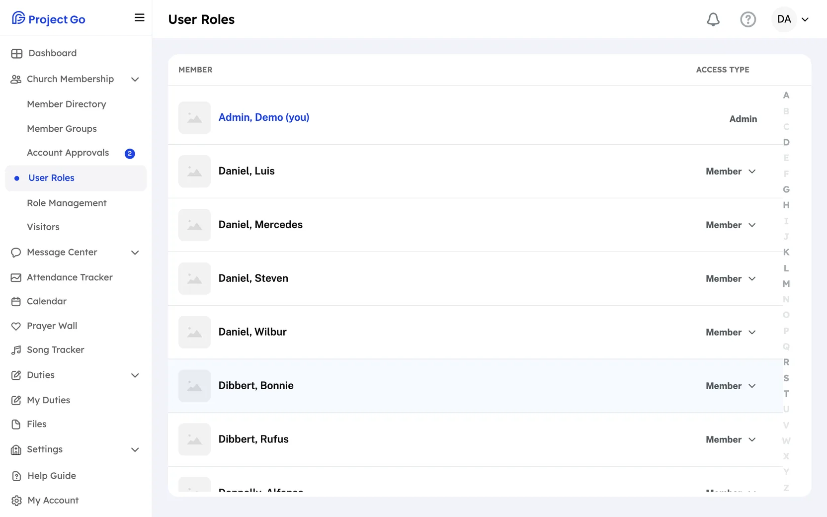 User Roles with a list of members. Each row has an Access Type menu.