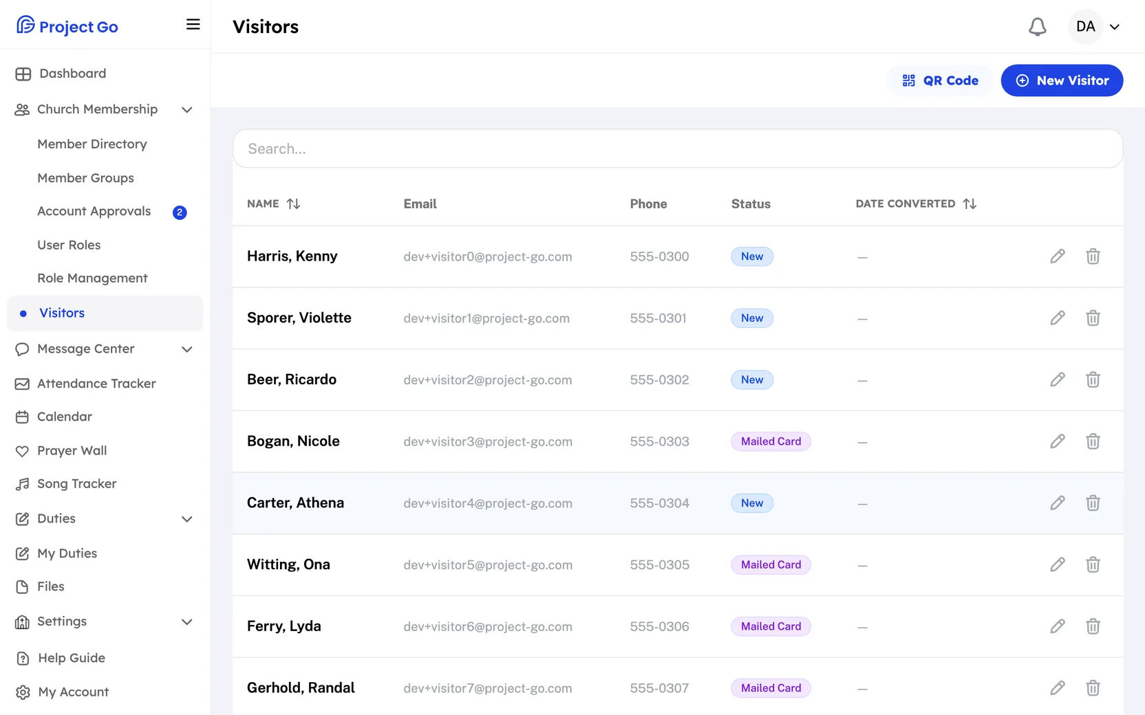 Visitors with a list of visitors, their status, and the QR Code and New Visitor buttons.
